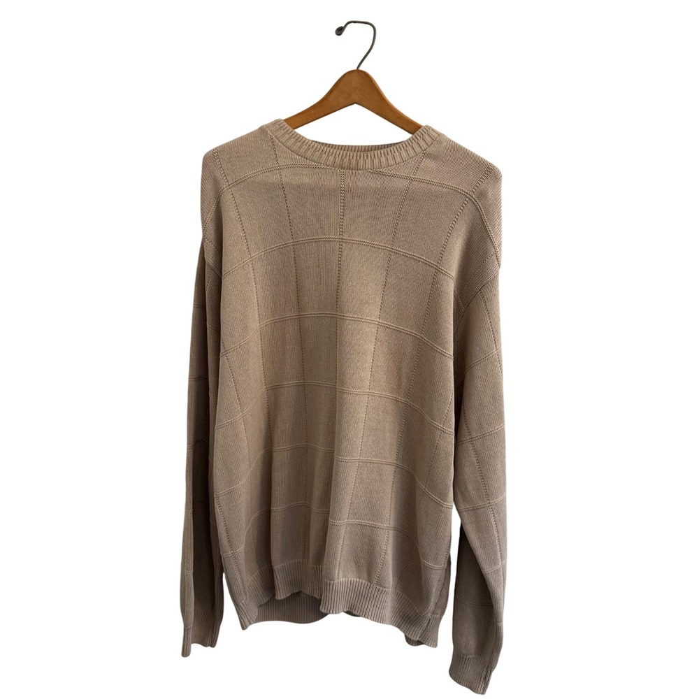 Haggar Mens XL Tan Beige Grid Textured Knit 100% Cotton Crewneck Sweater